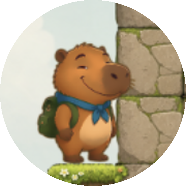 Cappy wearing a blue scarf and green backpack